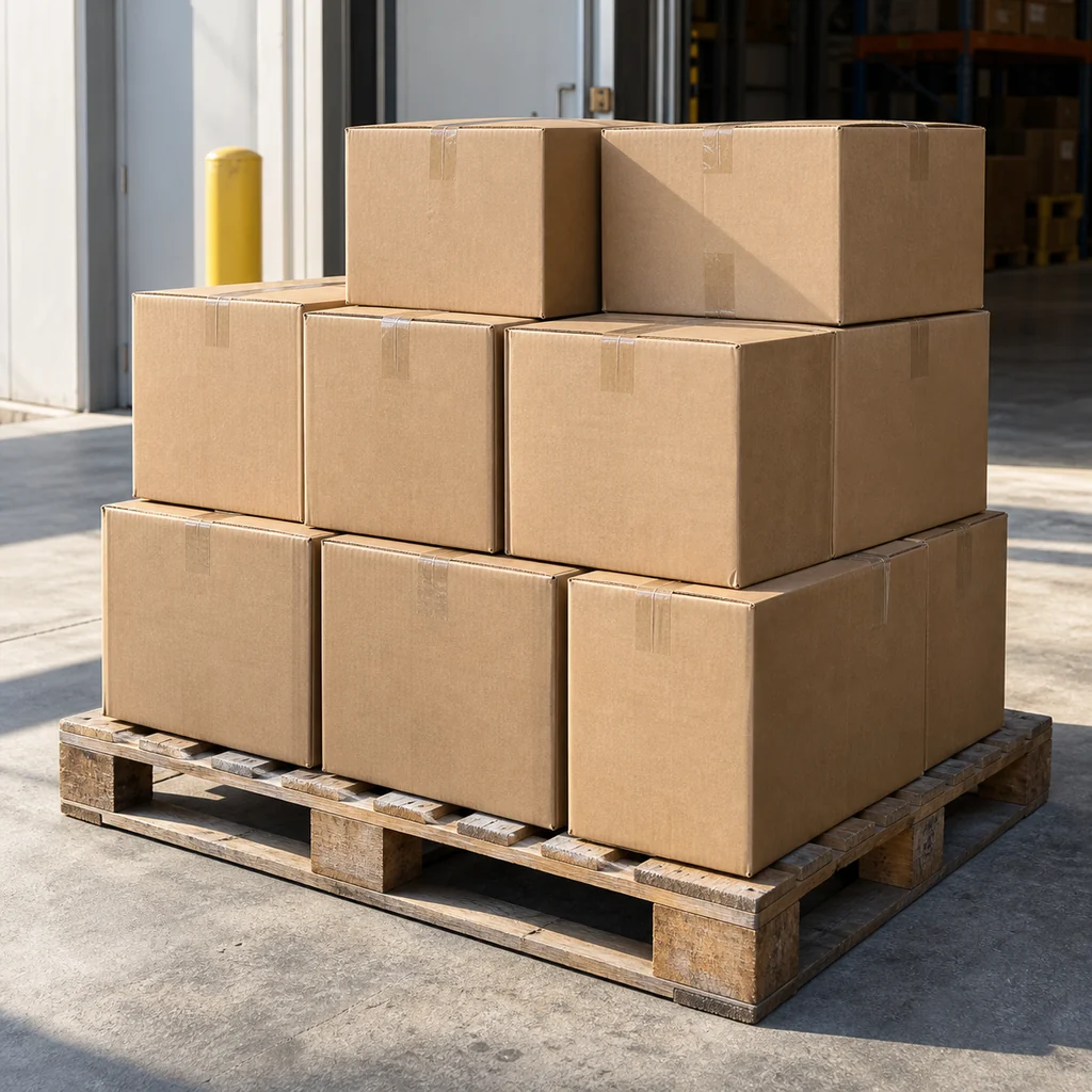 Unmarked cartons on a wooden pallet beside a generic loading entrance