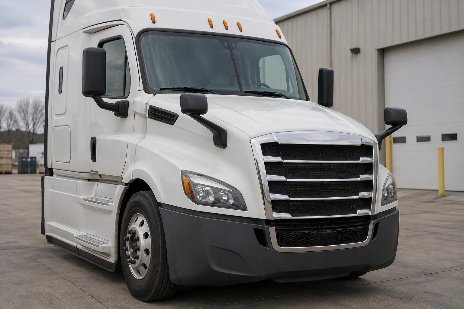 Illustrative close view of a plain white American truck cab beside an industrial building