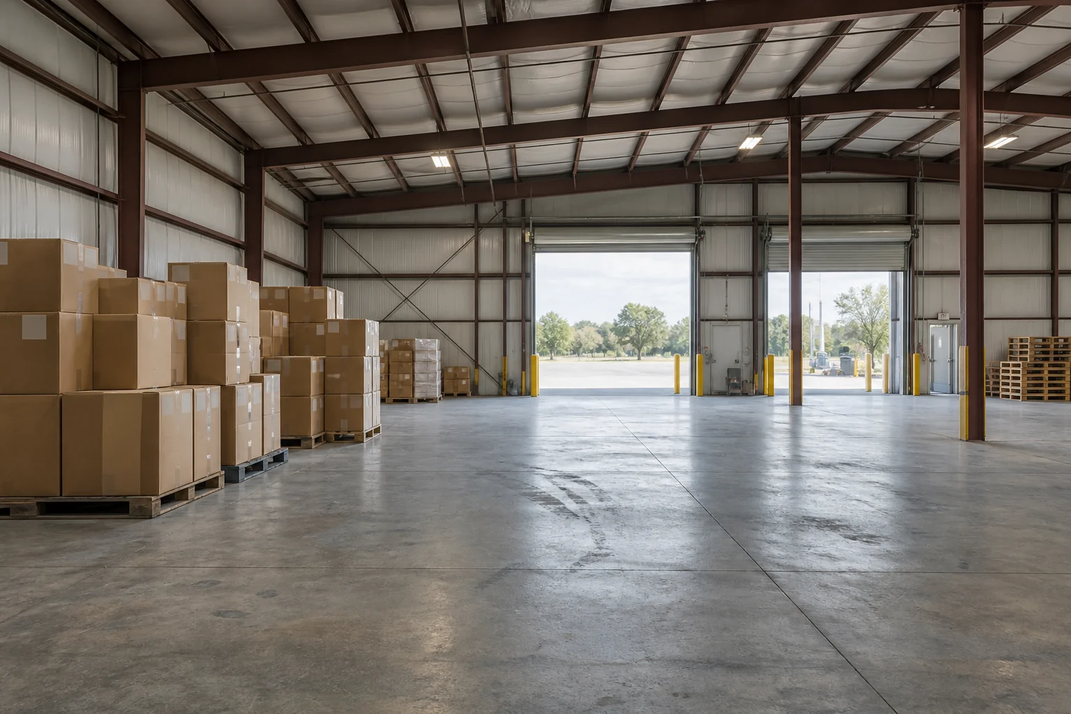 Illustrative warehouse loading hall with plain cartons and an open concrete floor