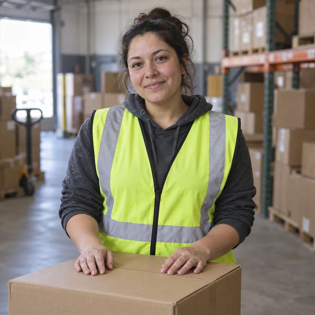 One fictional woman in a safety vest standing with a plain carton in a warehouse